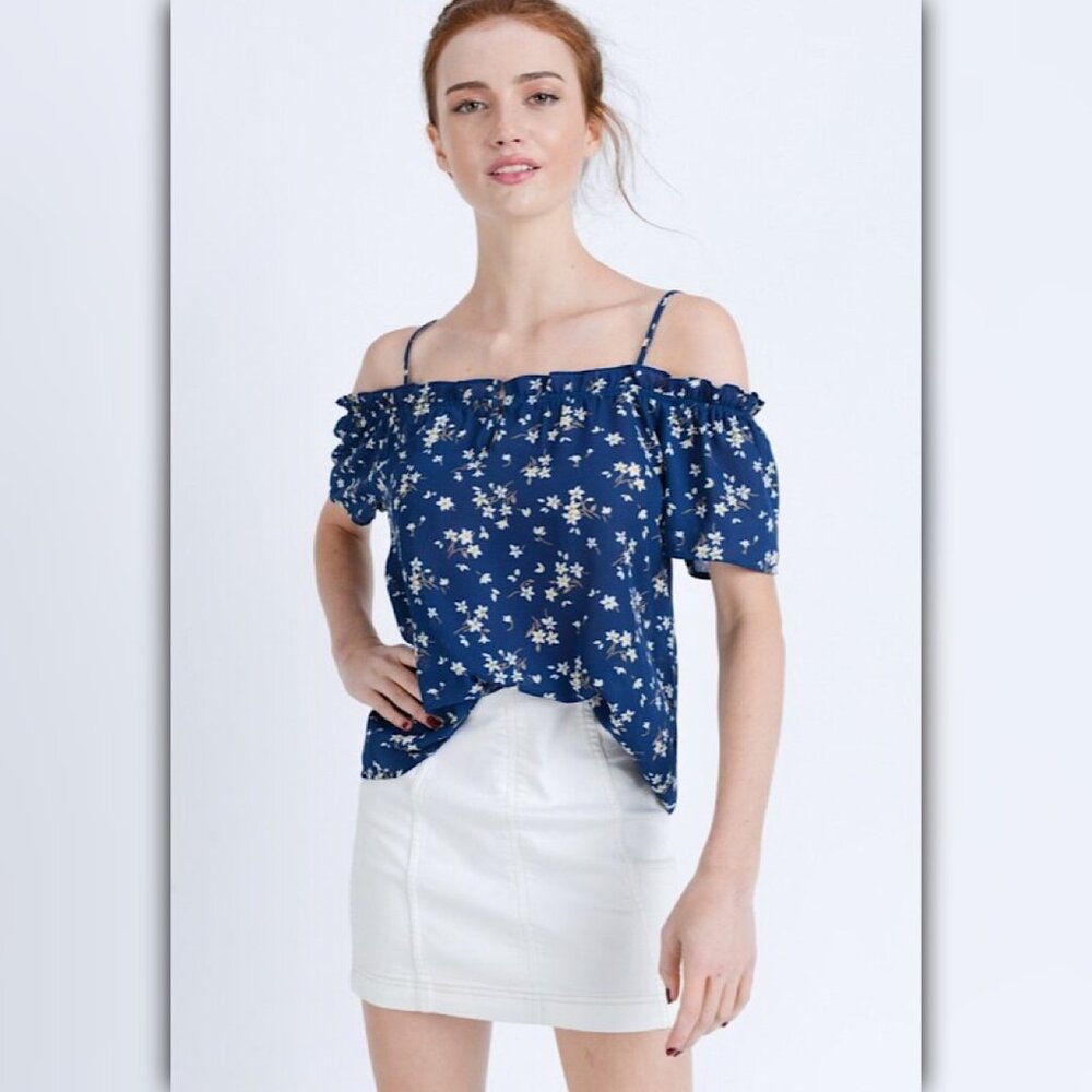 A085 • Navy Floral Cold Shoulder Ruffle Top